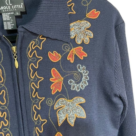 Carol Little Womens Sweater Dress Size large Vintage navy Embroidered Midi Wool - Picture 5 of 13